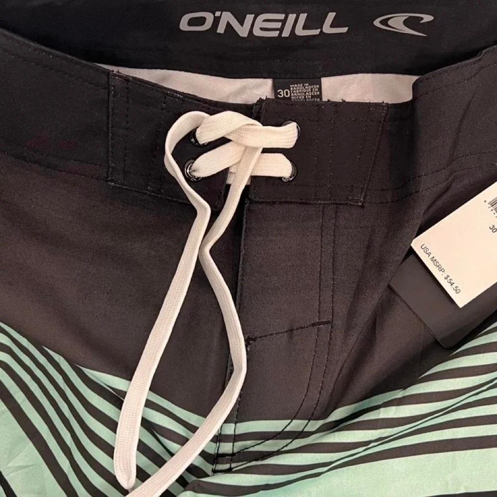 ONeill Barrage Mens Board Shorts Black Mint Green Striped Swim Trunks SP8106116X